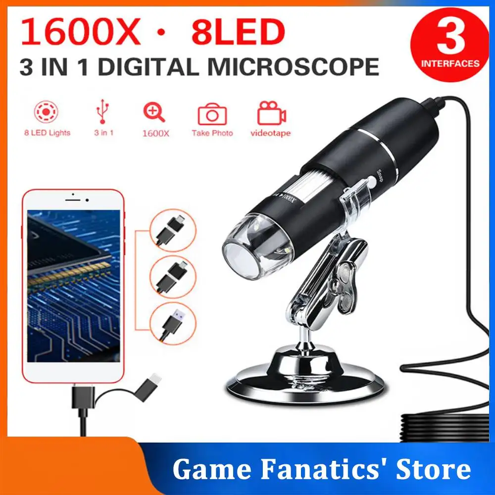 3 In 1 New Portable HD 1600X 2MP Zoom Microscope 8 LED Micro USB Type-c Digital Handheld Magnifier Endoscope Camera | Электроника