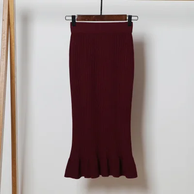 wine red Модные зимние женские Облегающие юбки с рюшами, женские юбки с завышенной талией, миди-пачка faldas - Цвет: wine red