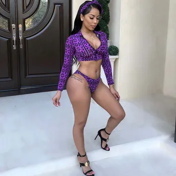 

Purple Print Beachwear Bikini Sexy 3 Piece set Women Head Scarf and Crop Top and Slim Shorts Beach Outfits Three piece Tracksuit