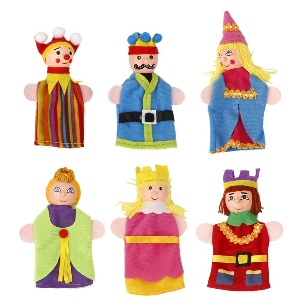 6pcs King & Queen Wooden Head Finger Puppets Children Kids Fairytale Toys