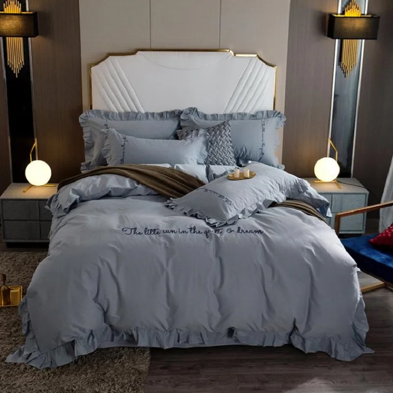 

Pure Cotton Soft Korean Style Bedding Set Embroidery Cotton Duvet Cover Pillowcase Bed Sheet 4 Pieces Solid Color Bed Line Grey