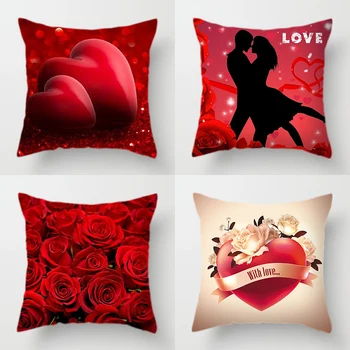 Red Rose Flower Heart Polyester Decorative Throw Pillowcase I Love You Letter Cushions Cover for Home