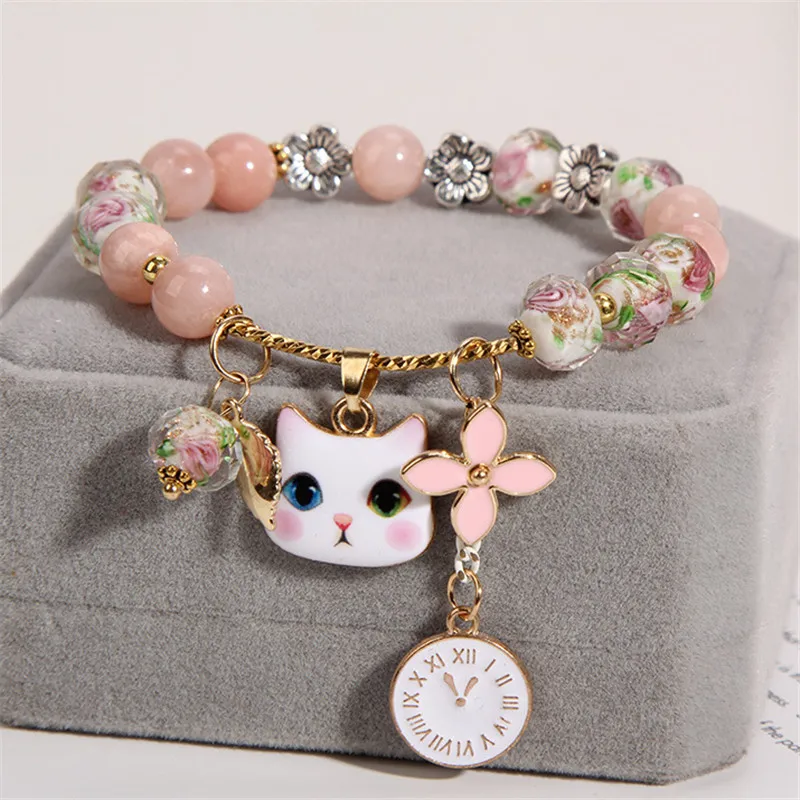 Корейские Часы с милым котенком и цветком Многоэлементный Браслет бусинами в