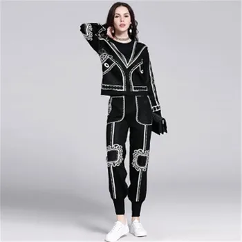 

Two Piece Sets Women 2019 O-neck Embroidery Geometry Long Sleeve Sweater + Harem Pants Knitted Suits Female Casual Suit DS8021