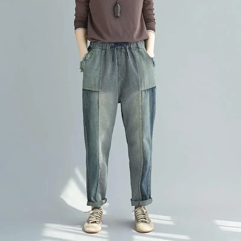 Новые корейские модные Универсальные полосатые длинные штаны-шаровары с карманами, Осенние удобные женские джинсы с эластичной резинкой на талии для отдыха - Цвет: Светло-голубой