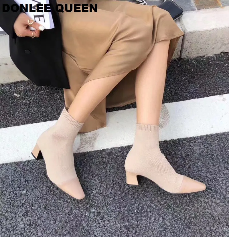 Fashion Slim Stretch Ankle Boots Women Round Toe Sock Boots Low Heel Stretch Knit Boots Elegant women's shoes   zapatos de mujer