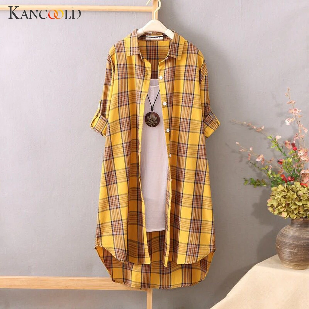 

KANCOOLD coats Women Casual Loose Turn-down Collar Button Up Plaid Shirt Tops fashion new coats and jackets women 2019AUG6
