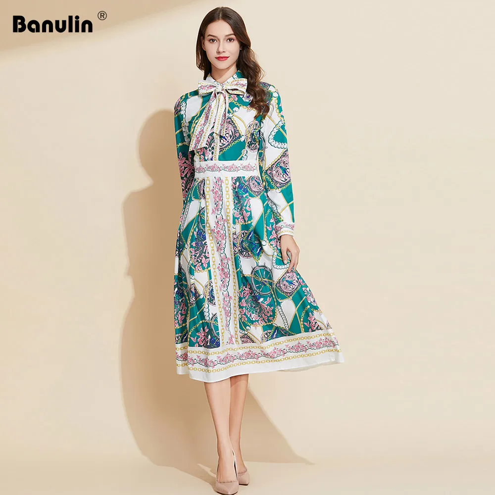 

Spring Autumn Vintage Turn Down Collar Long Sleeve Chain Flower Printed Holiday Female Party Midi Dress Women Fashion Tide