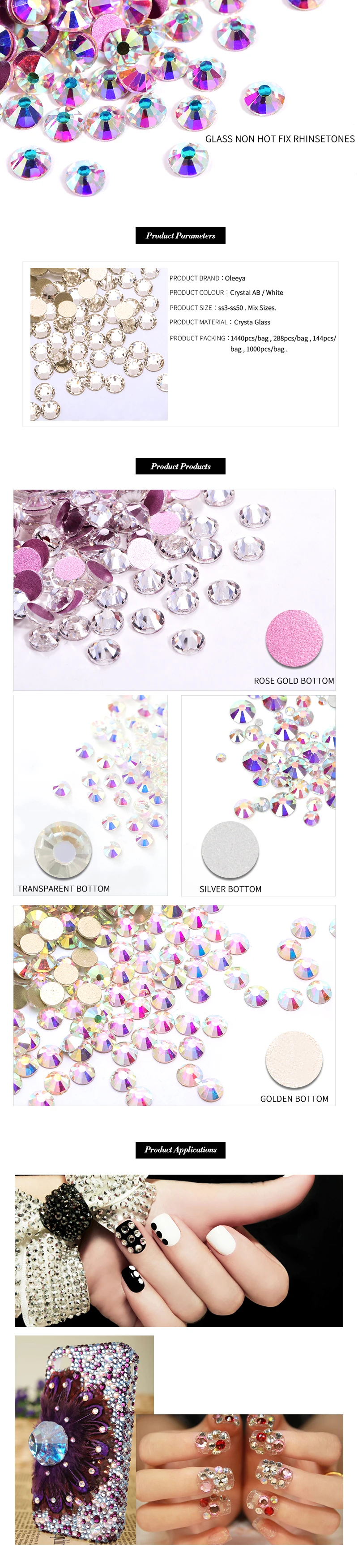 Oleeya Glass Nail Art Non hot fix rhinestones4底（金、银、透明、玫瑰金）(1)