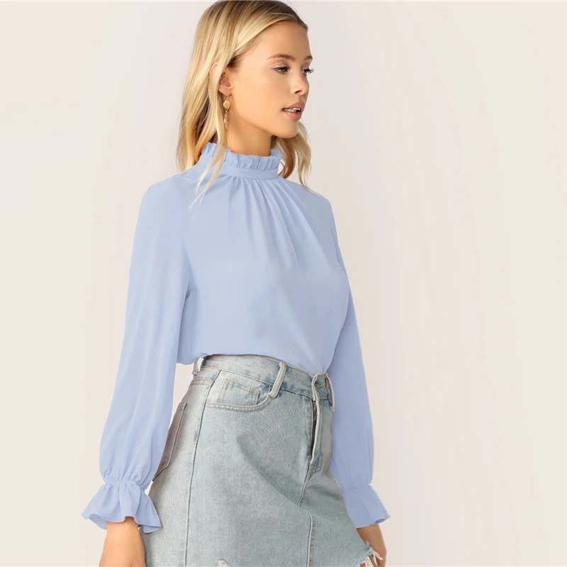 SHEIN abaya/белая оборка со стоячим воротником и манжетами, топ с замочным отверстием на спине, Женская однотонная блузка, осенние элегантные офисные женские блузки с длинными рукавами