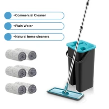 Esfregão liso e balde conjunto 6 almofadas de mop reusáveis de microfibra chão limpo mop auto torcendo balde de aço inoxidável punho longo mop seco molhado
