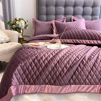 

Quality Solid Velvet Bedspread Quilt Sets 3-piece Washable Quilts and Pillow Case Bed Covers King Queen Size Coverlets