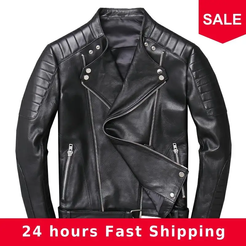 

2020 Black Men Slim Fit Spring Biker's Leather Jacket Plus Size XXXL Genuine Thin Sheepskin Short Motorcycle Leather Coat