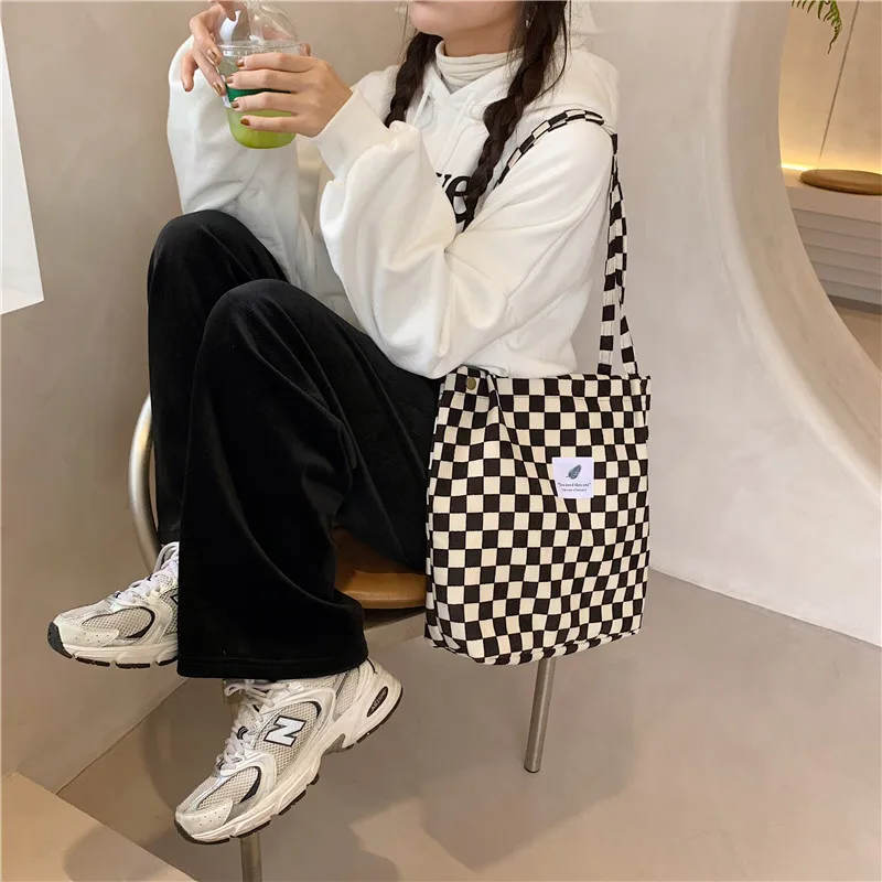 Chess Print Women Corduroy Canvas Tote Handbag Books Shoulder Bags Ladies Cloth Shopping Bag Vintage Plaid Design Cotton Purse