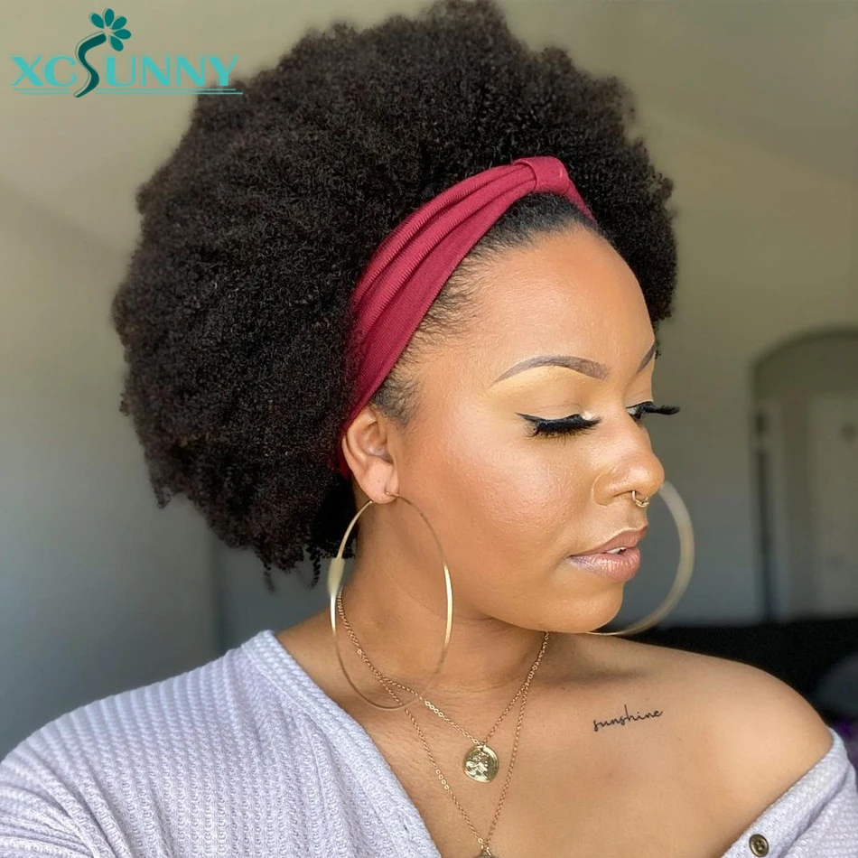 Curly Headband Human-Hair-Wigs 200-Density Afro Kinky Brazilian Glueless Full-Machine