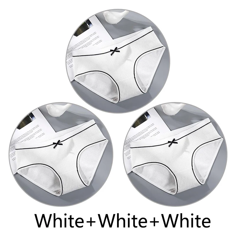 White White White 3 шт./партия, хлопковое нижнее белье, женские однотонные сексуальные трусы, бесшовные, средняя посадка, трусики, женское нижнее белье, мягкие интимные трусики с бантом - Цвет: White White White