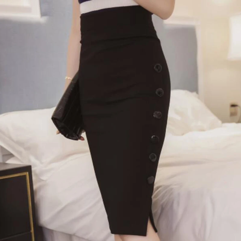 New Fashion Women Skirt Midi Skirt Slim OL Sexy Open Slit Button Slim Pencil Skirt Elegant Ladies Skirts 2 Colors