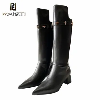 

Prova Perfetto Fashion Leisure Genuine Leather Patent leather Women's Thigh High Boots Pointed Toe Square Heel Vulcanized Shoes