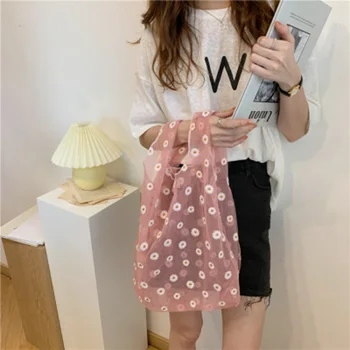 

Summer Women Small Transparent Tote Mesh Cloth Bag Daisy Embroidery Handbag Eco Friendly Fruit Shopping Bag Purse For Girls