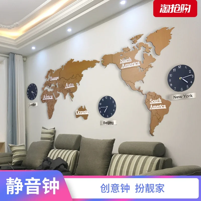 Большие настенные часы на заказ деревянные с 3d картой мира для гостиной в