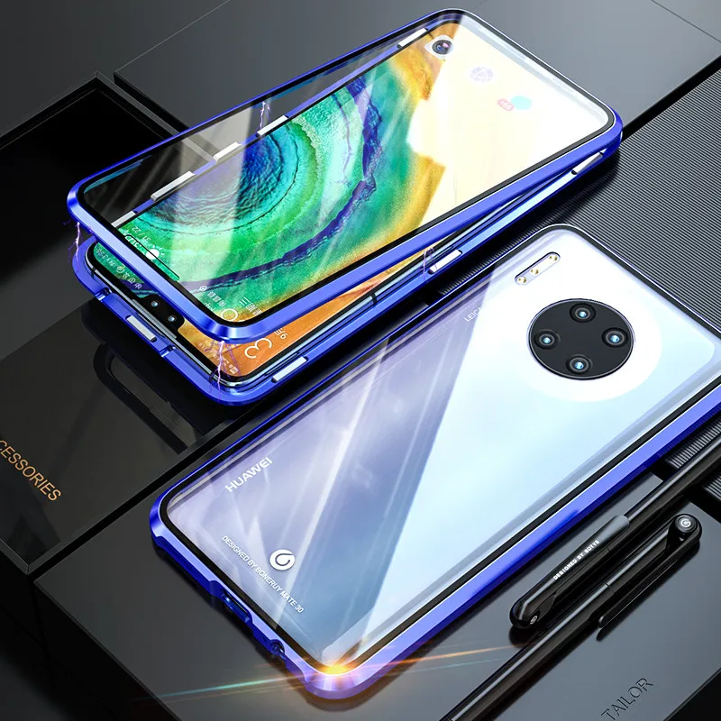 Double Blue Чехол для huawei mate 30 Pro, роскошный Магнитный mate 30pro, двойное закаленное стекло, металлическая рамка Hawei mate 30 Pro, адсорбционный чехол для телефона - Цвет: Double Blue
