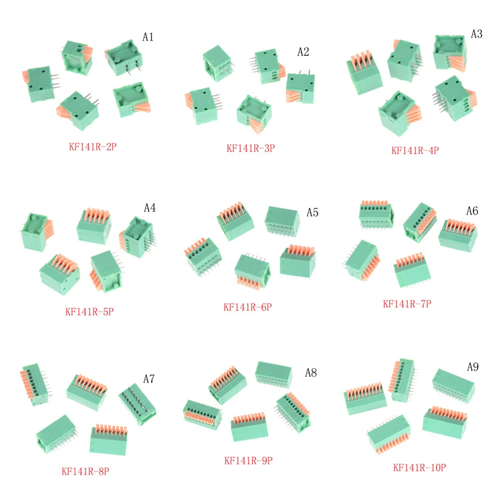 5 шт. зеленый 2/3/4/5/6/7/8/9/10P KF141R KF141V 2,54 мм Шаг печатной платы разъемы весна Screless Медь клеммной колодки гнутые ноги