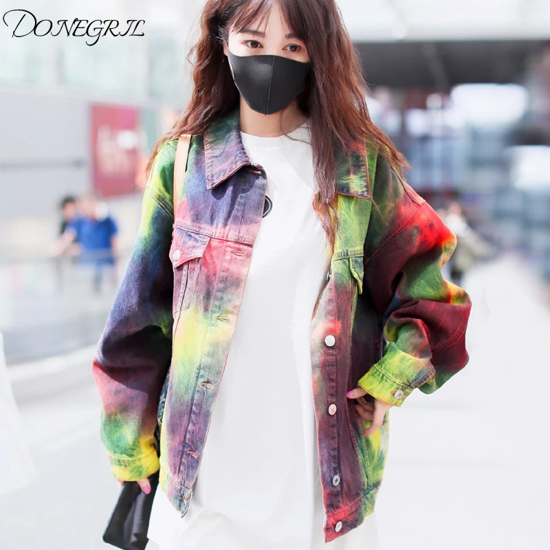 2019 новый топ Женская джинсовая куртка граффити пальто градиентной окраски