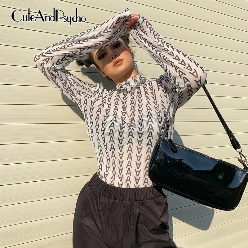 

Letter Printed Mesh T-shirts Women Long Sleeve Tshirt Casual Transparent Sexy Crop Tops Harajuku Basic Tees Shirts Cuteandpsycho