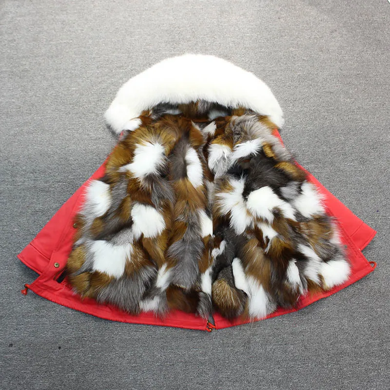 red white brown Парки с натуральным лисьим мехом; куртка для маленьких мальчиков и девочек; ветровка для маленьких девочек; зимняя одежда с капюшоном; детская верхняя одежда; пальто - Цвет: red white brown