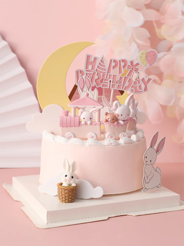 Bunny Train Baby Decoration Happy Birthday Rabbit Moon Cake Topper for Children Kid Party Baking Supplies Lovely Gifts party decorations birthday party supplies cake topper cake decorations cake toppers cake baking tools gold leaf cake decorations