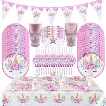 

1 Set Unicorn Theme Party Disposable Tableware Kits Kids Birthday Paper Plates Baby Shower Tablecloth Unicorn Party Cake Toppers