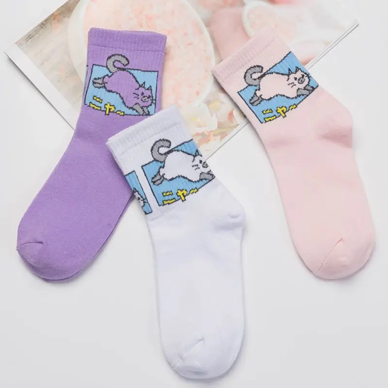 Женский унисекс Harajuku Забавный мультяшный Кот японский принт Длинные хлопковые