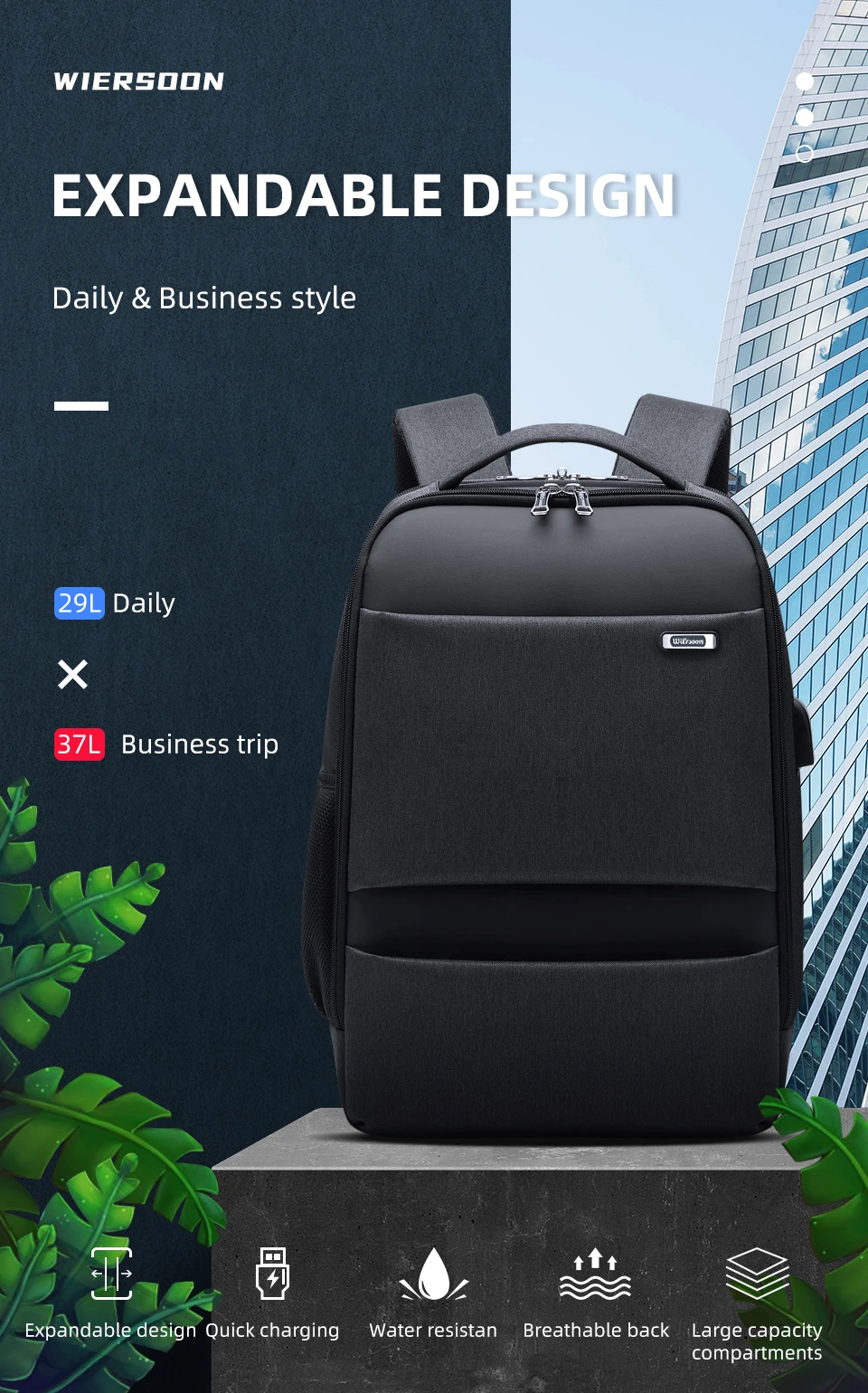 WIERSOON Expandable Backpack Men for 15 
