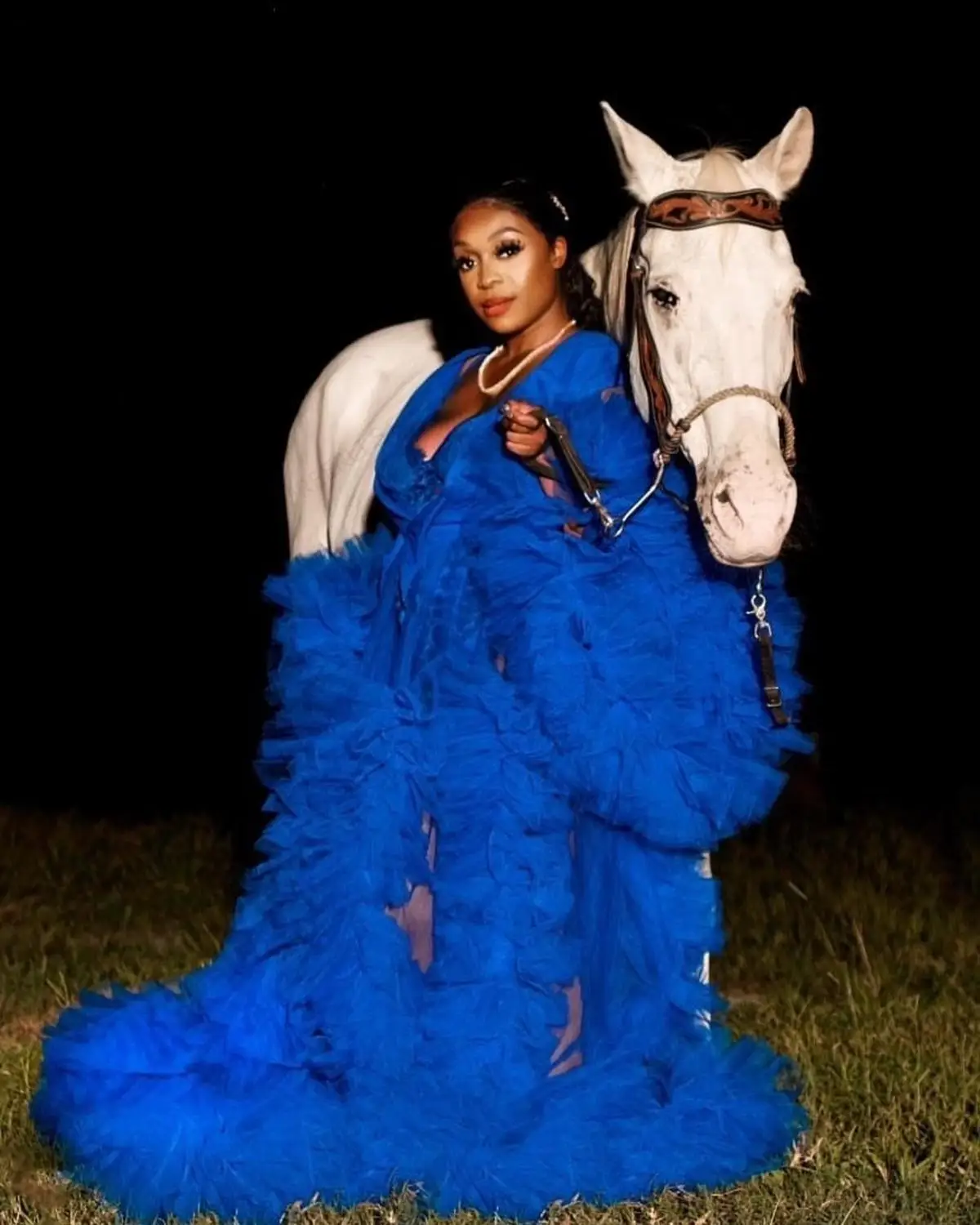 Royal Blue Tulle Maternity Robes Long Sleeves