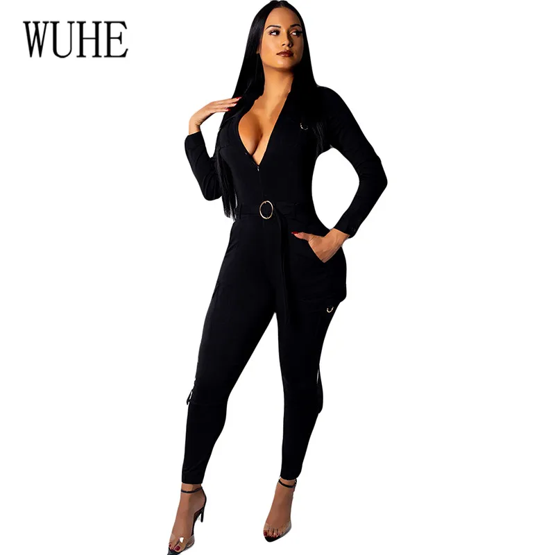 

WUHE Women's Jumpsuits Overalls Multi-pocket Solid Long Rompers Sexy Hollow Out Zipper Elegant Playsuits with Belt for Female