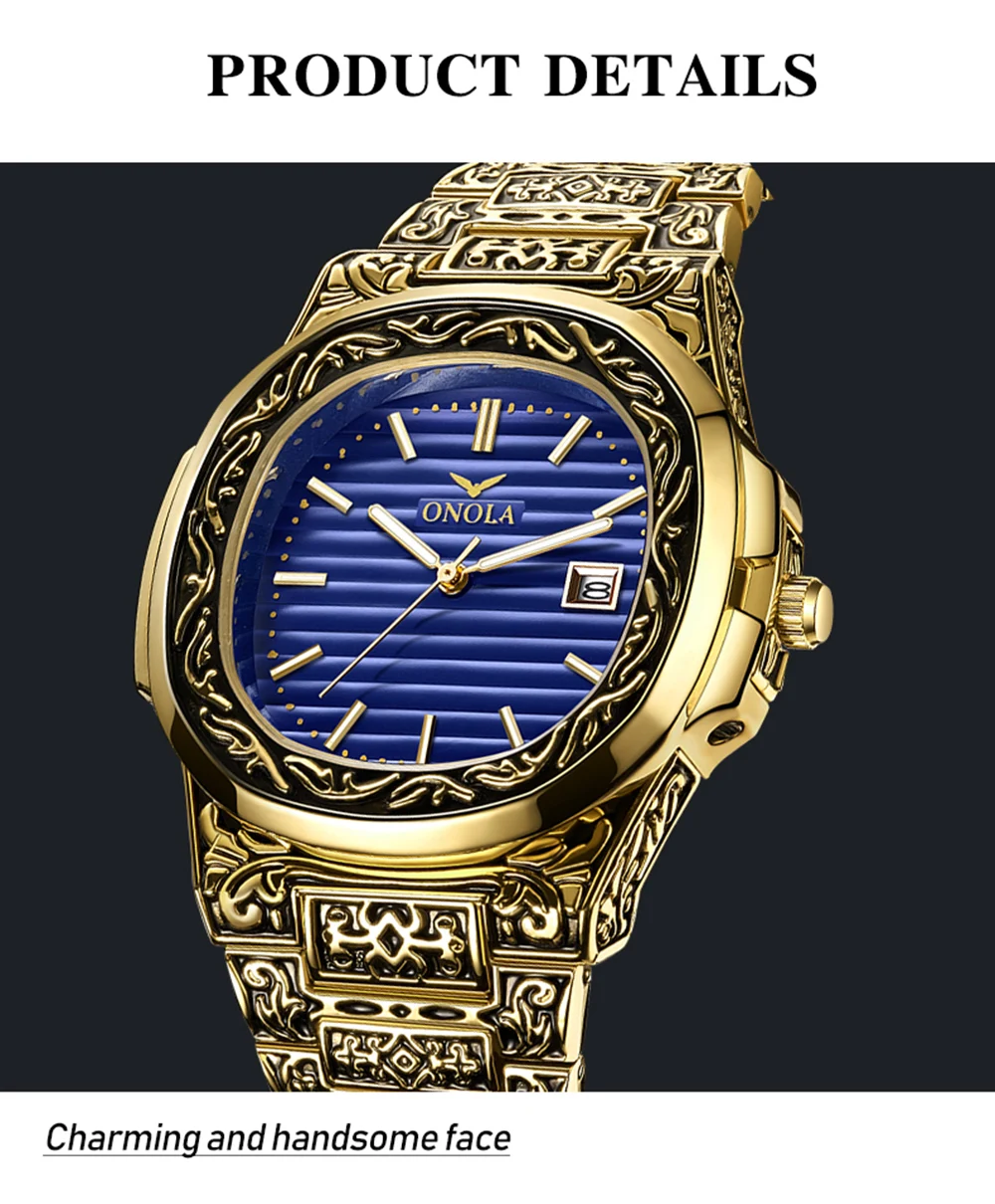 Бренд ONOLA, винтажные золотые мужские часы, модные повседневные кварцевые наручные часы, золотые роскошные классические дизайнерские мужские часы