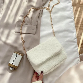 

Luxury Winter Plush Metal chain handbags women bags designer Women Single Shoulder Message bag Solid Ladies Purses Soft