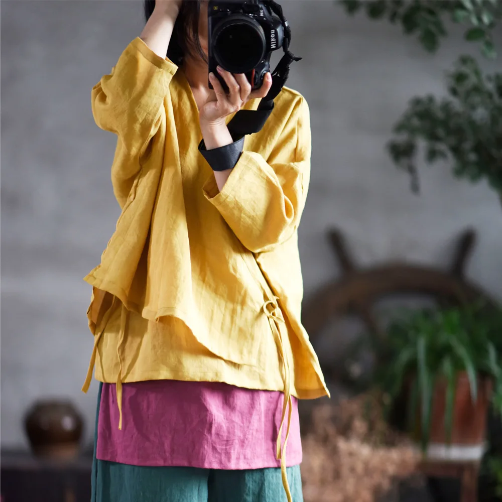 

2020 New Chinese Style Blouses And Top For Women Spring Linen Shirts V-Neck Casual Solid Color Loose Casual Belt Shirt