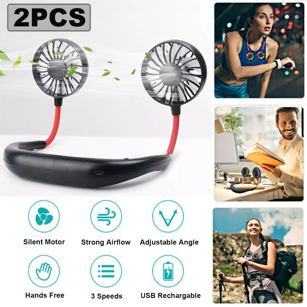 2pcs Portable USB Neckband Fan Mini Wearable Sports Fan Home Office Lazy Cooling Fan BlackFans