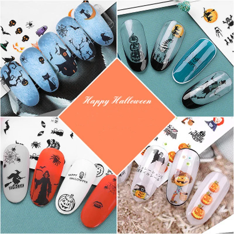 

2019 Happy Hallowen DIY Mixed Design Grim Reaper Nail Art Sticker Set Pumpkin Black Skull Water Decal Slider Wrap Decor Manicure