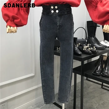 

Double Row Buckle Jeans Woman Fall Winter New Slim High Waist Jeans Denim Pants Girls Ladies All-match Trousers Jeans Feminina