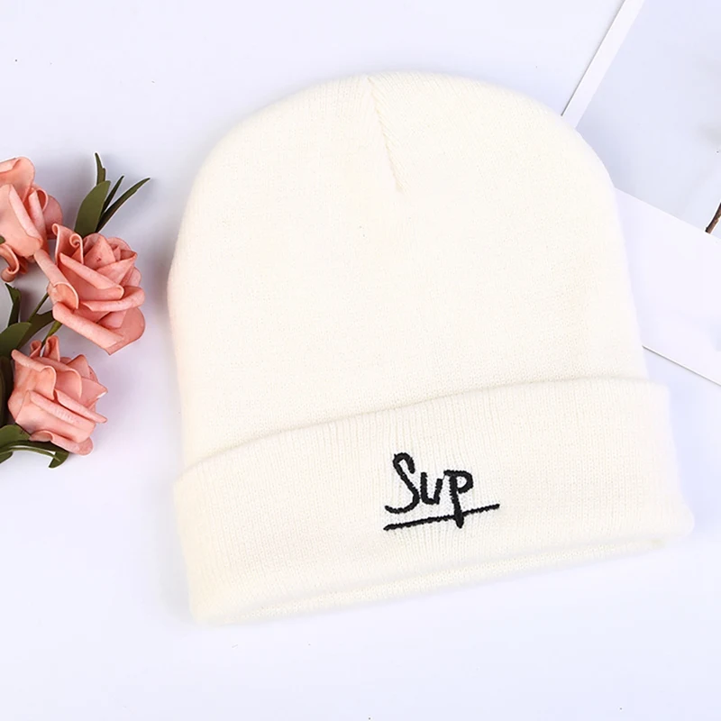 Шапка в стиле хип-хоп, осенняя, дизайн, дикая шерстяная шапка, модная, с надписью SUP, с вышивкой, вязаная шапка, милые женские шапки, шапка - Цвет: Белый
