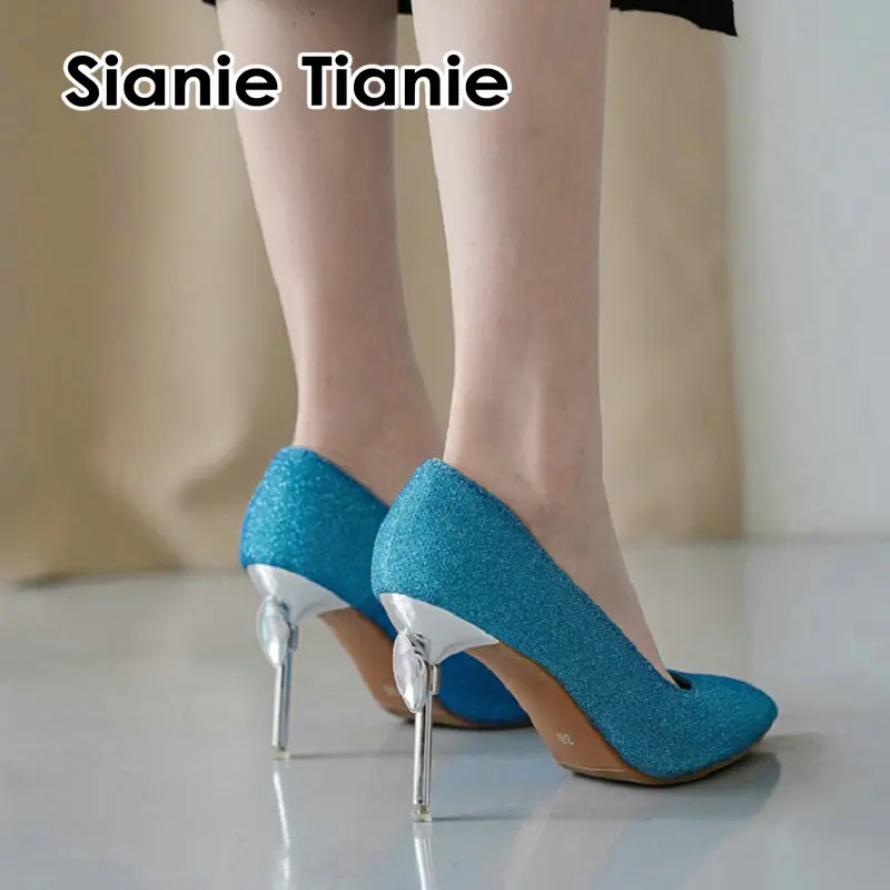 

Sianie Tianie 2020 spring summer new ladies thin high heels with crystal glitter blitter green blue womans shoes stilettos pumps