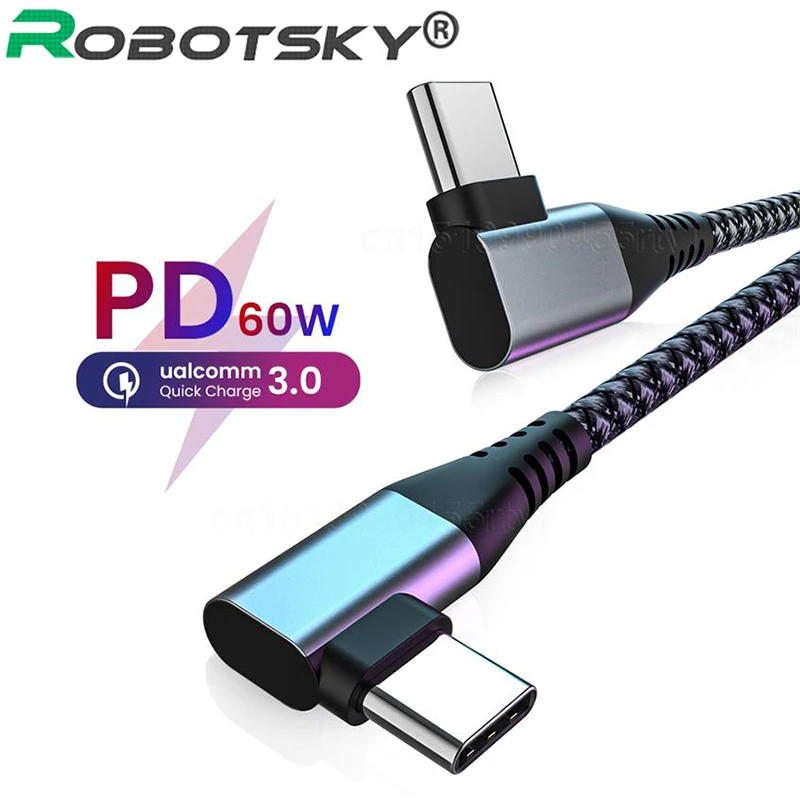 USB Type C To Elbow Cable PD 60W 90 Degree Quick Charger Mobile Phone Fast Charging Cord For Macbook Pro Samsung S10 S20 | Аксессуары