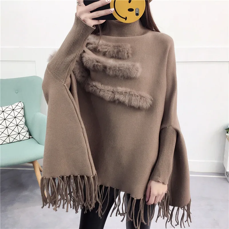 Real Rabbit Fur Patchwork Cloak Turtleneck Pullover Cape And Poncho Shawl Fashion Tassel Women Autumn Winter Bat Sleeves Sweater