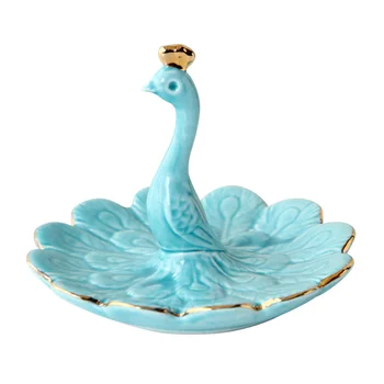 

Blue Peacock Gold-edged Jewelry Dish Ceramic Trinket Tray Elegant Storage Dish for Rings Keys Earrings