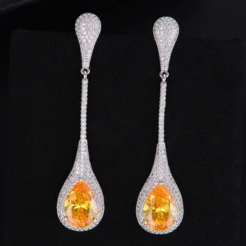 

LARRAURI Long Drop Austrian Crystal Pendant Earrings Shiny Pink Yellow Romantic Color Paved Full Cubic Zirconia Top Quality