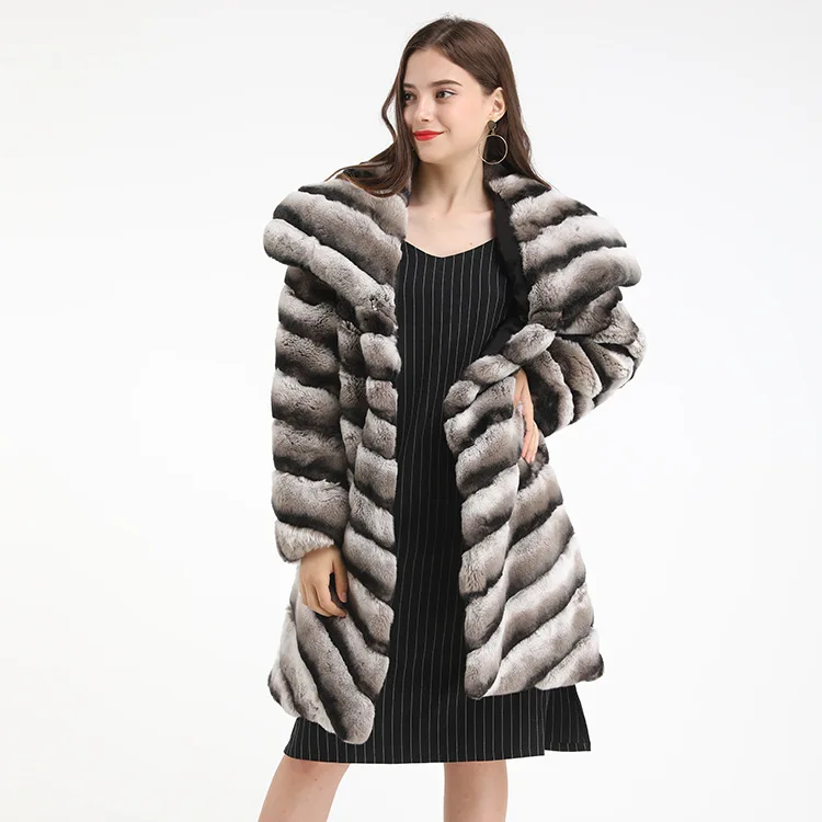 Осенне-зимнее Модное новое длинное Горизонтальное пальто из кроличьего меха с воротником