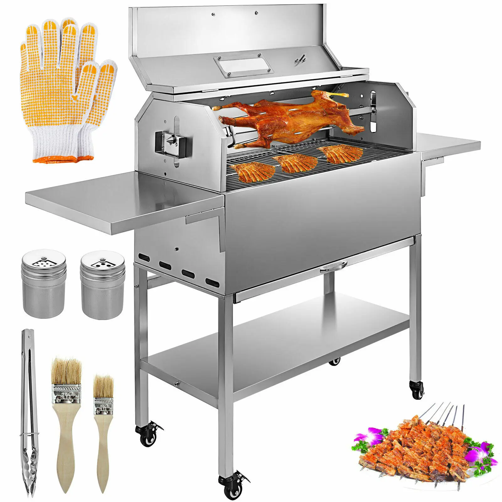 

BBQ Charcoal Grill 25W Removable 4 RPM Equipped with Lid Temperature Gauge and Liftable Fire Plate Portable for Camping