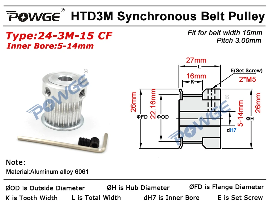 POWGE 24 зубы HTD 3 м Синхронный шкив Диаметр 5/6/6,35/8/10/12/14 мм для Ширина 15 мм 3 м с зубчатым ремнем HTD3M привод со шкивами 24 зубы до 24 месяцев